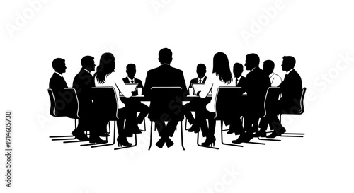Corporate Business Meeting Silhouette Vector. Group of Professionals Sitting Around Conference Table. Boardroom Discussion and Teamwork.
