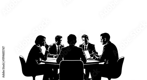 High Contrast Silhouette of Business Team Meeting. Corporate Collaboration and Strategy Discussion Illustration.