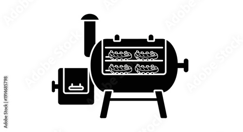 Simple black and white illustration of a barbecue grill with a chimney and a side table.