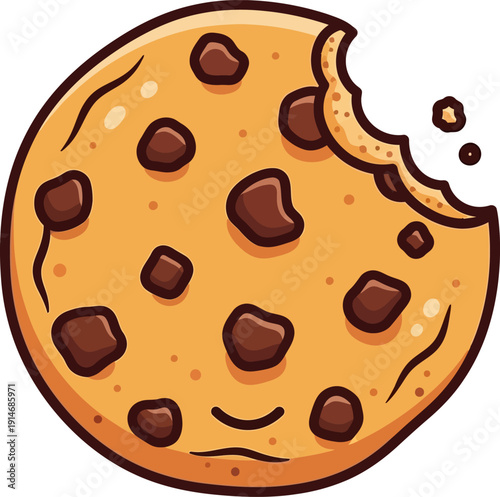 A cartoon chocolate chip cookie with a bite taken out.