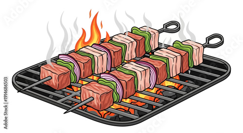 Grilled skewers of marinated meat and vegetables on a barbecue grill.