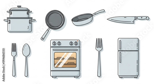 Collection of kitchen appliances and utensils illustration.