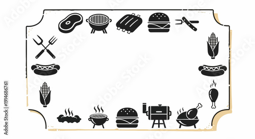 Black and white barbecue elements arranged in a decorative frame.