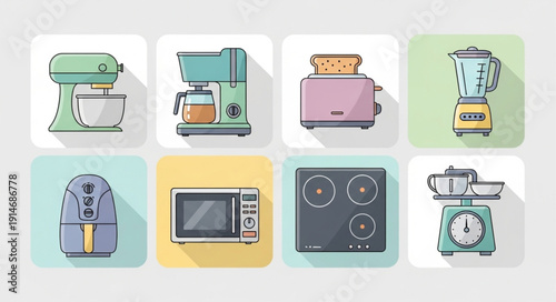 Collection of kitchen appliances in a flat design style.