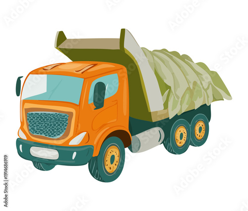 Heavy duty orange dump truck carrying a full load of rocks for industrial construction and earth moving transportation tasks