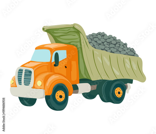 Industrial dump truck hauling a massive load of stones and gravel for large scale civil engineering and transportation projects