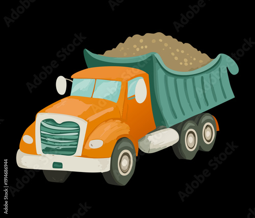 Commercial dump truck vehicle parked on a construction site ready for hauling heavy materials for infrastructure transportation development