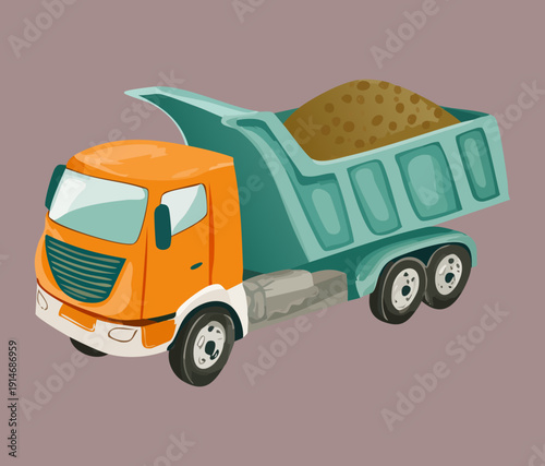 Industrial tipper truck hauling heavy loads of soil for landscape engineering and construction site development in transportation industry