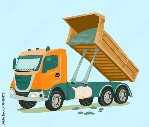 Heavy dump truck lifting its bed to unload gravel on a construction site for essential road work transportation infrastructure