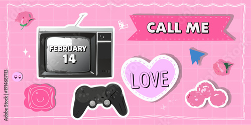 Aesthetic collage featuring a vintage television heart and gaming controller