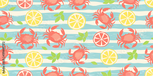 Seamless summer pattern with crabs citrus and mint leaves