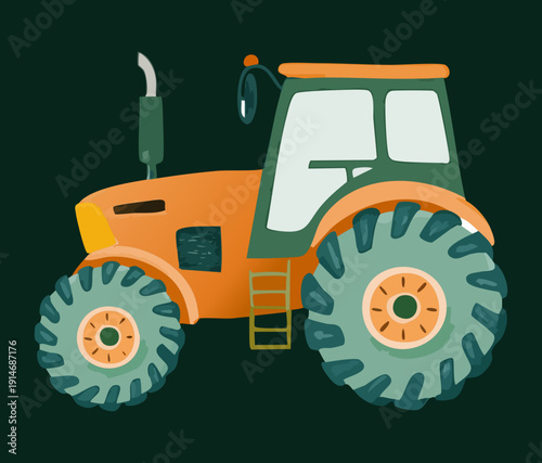 Orange agricultural tractor vehicle designed for farming tasks and heavy duty rural field work within the food transportation