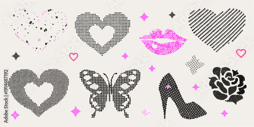 A collection of pink and black halftone patterned romantic icons
