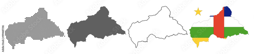 Fototapeta premium Central African Republic map set with dotted solid outline and flag style vector illustration