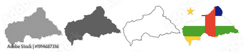 Central African Republic map set with dotted solid outline and flag style vector illustration