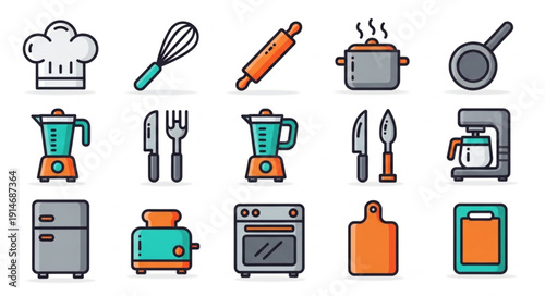 Collection of kitchen utensils and appliances for cooking.