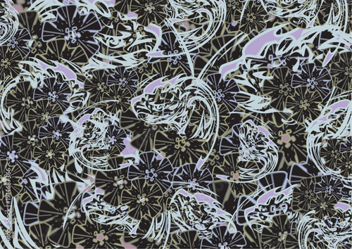 Camouflage backdrop created by floral elements and eagle heads. Textural dark backdrop with metallic effect for fashion trends, business concepts, covers, interiors, tiles, prints, dynamic posters