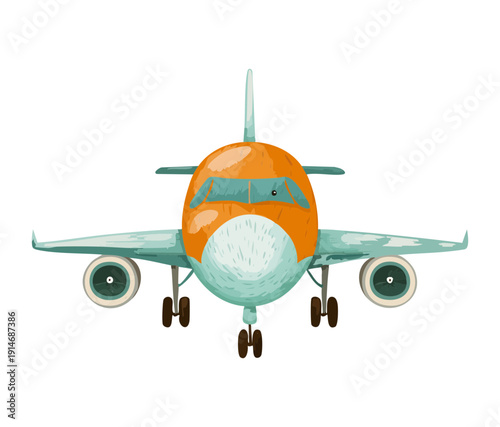 Modern commercial airplane front perspective for scheduled airline services and efficient global passenger travel in air transportation sector