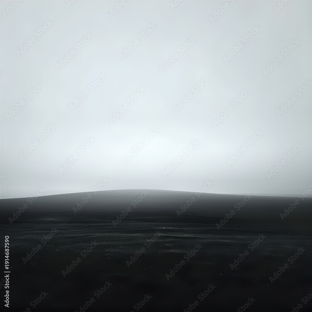Fototapeta premium Foggy grey landscape with vast misty sky and simple horizon line. Minimalist nature atmosphere for design concepts and creative backgrounds