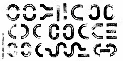 Abstract black brushstrokes forming indistinct letter like shapes on white