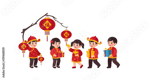 Chinese New Year Kids Celebrating Spring Festival. Happy children in traditional red clothes holding lanterns and gifts. Lunar New Year vector illustration.