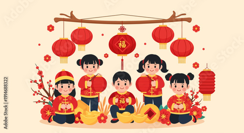 Cute Chinese New Year Kids Illustration. Children celebrating Lunar New Year with red lanterns, plum blossoms, and gold ingots (Yuanbao) for fortune and wealth.