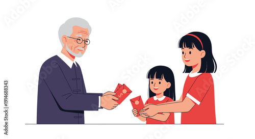 Grandfather Giving Traditional Red Envelopes (Hongbao) to Multi-Generational Asian Family for Lunar New Year Celebration. Vector Illustration.