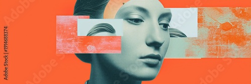 Wallpaper Mural Woman face in 3D retro abstract collage. Creative geometric portrait with layered teal and orange elements. Surreal digital art concept for modern graphic design inspiration. banner format Torontodigital.ca