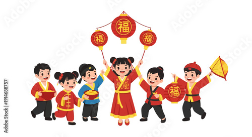 Chinese New Year Kids Celebration Vector. Happy Asian children in traditional outfits holding lanterns, coins, and fan.