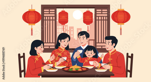 Chinese New Year Family Reunion Dinner Illustration. Happy Asian Family Celebrating Spring Festival with Traditional Clothes and Food.
