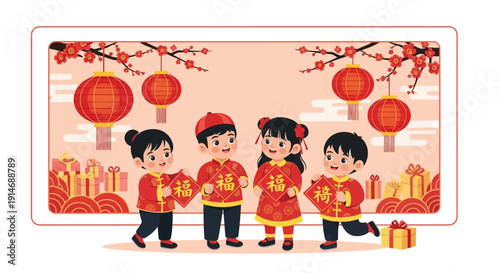Happy Chinese New Year Kids Holding Fú Signs. Group of Asian children in traditional red costumes celebrating Spring Festival with lanterns and gifts.