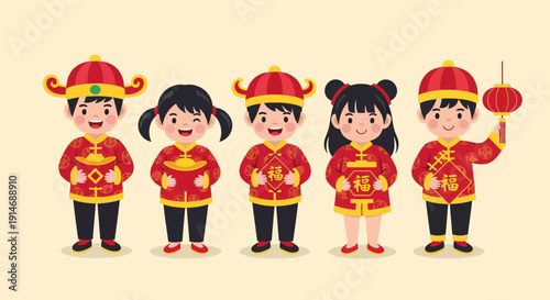 Happy Chinese New Year Kids Vector. Cute Children in Traditional Red Attire Holding Gold Ingots, Fu Sign Scrolls, and Lanterns for Lunar Celebration.