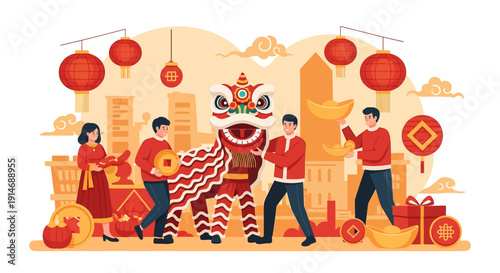 Festive Lunar New Year Lion Dance Performance. Chinese People Celebrate with Red Lanterns, Traditional Coins, and Gold Ingots (Yuanbao).