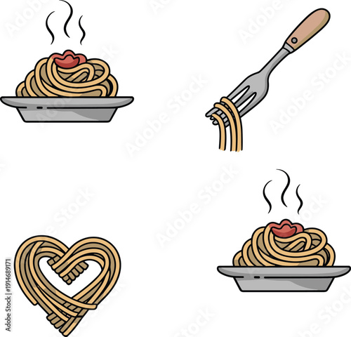 Cute spaghetti pasta illustrations featuring steaming plate, fork with noodles, and heart shaped pasta design, perfect for Italian food menus, restaurant branding, and culinary concepts.