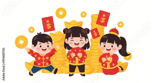 Happy Chinese New Year Kids with Gold Coins, Red Envelopes (Hongbao), and Sycee Ingots. Lunar New Year Prosperity Celebration.