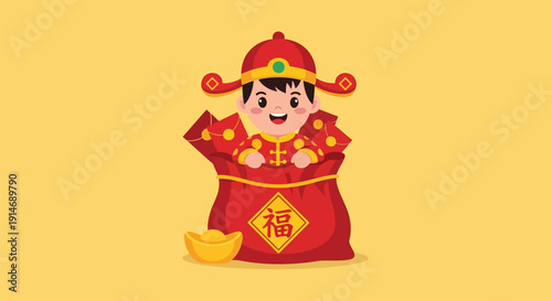 Happy Chinese New Year Mascot Boy in Red Bag with Gold Ingot. Cute Caishen (God of Wealth) Character. Lunar New Year Prosperity Vector Illustration.