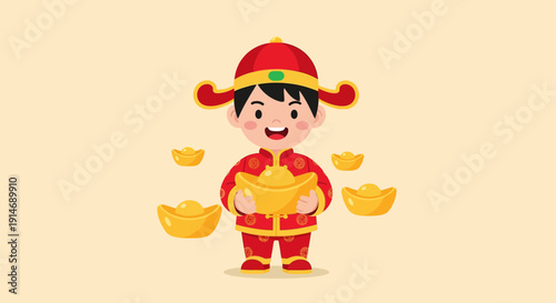 Cute Chinese Boy holding Gold Yuanbao for Lunar New Year. Traditional cartoon character symbolizing wealth, prosperity.