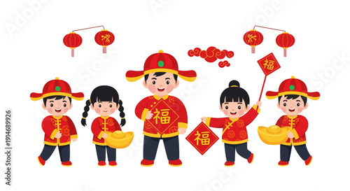 Chinese New Year Kids Cartoon Set. Happy children in traditional red costume holding golden sycee ingots and Fu signs (Fortune/Luck) isolated on white background.