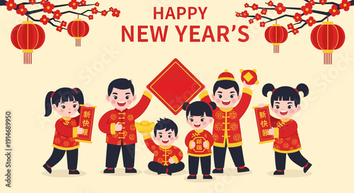 Happy Chinese New Year Family Celebration. Cute Asian Kids Vector Greeting Card with Lanterns, Couplets, and Gold Ingots.