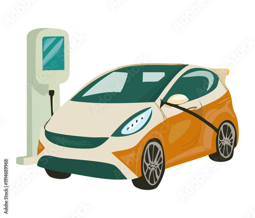 Modern orange electric car plugged into a charging point for urban eco friendly commuting and smart transportation