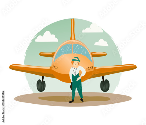 Professional pilot standing in front of a small propeller plane at an airfield for private air transportation