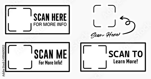 QR code scan frame collection. Featuring scan me for more info stickers, and digital information access. Vector illustration transparent PNG background