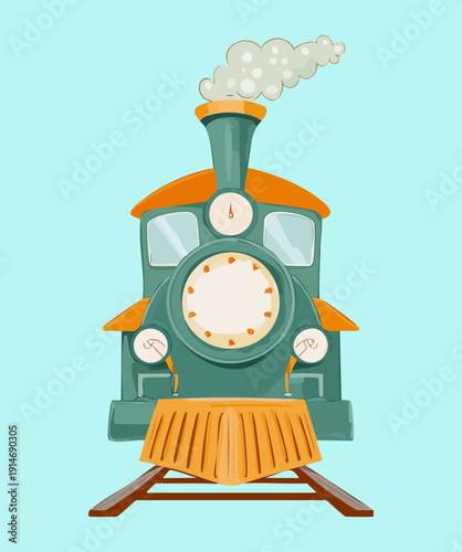 Front view of a vintage steam train engine for industrial age heritage and passenger rail travel transportation