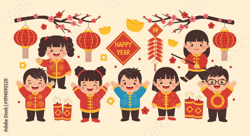 Cute Cartoon Chinese New Year Kids Celebrating Lunar New Year with Traditional Red Lanterns, Firecrackers, and Blossoms