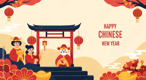 Flat Vector Illustration of Happy Chinese New Year Celebration, Featuring Traditional Gate, Red Lanterns, Yuanbao Gold Ingots, and Festive Characters.