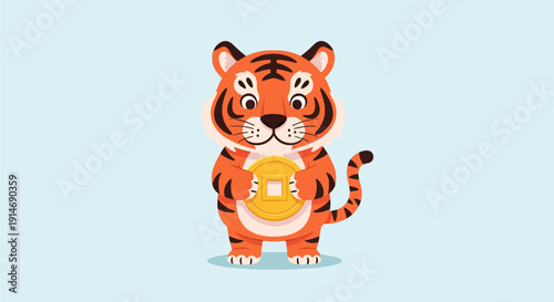 Cute Cartoon Tiger Holding Golden Chinese Coin. Lunar New Year Mascot for Wealth and Fortune. Vector Illustration on Light Background.