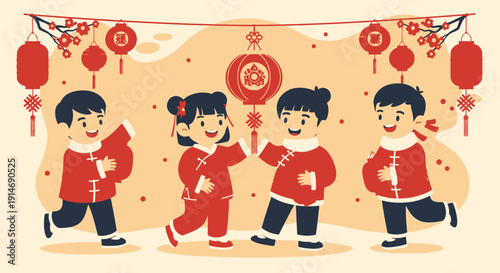 Joyful Chinese New Year Celebration: Cute Kids in Traditional Clothes Holding Red Lanterns. Spring Festival Vector Illustration for Children.