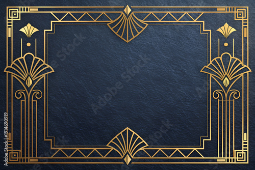Elegant Gold Art Deco Frame on Navy Blue Textured Background