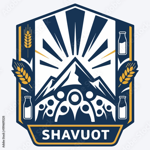 Shavuot Festival Badge Illustration with Mount Sinai, Sun Rays, and Wheat