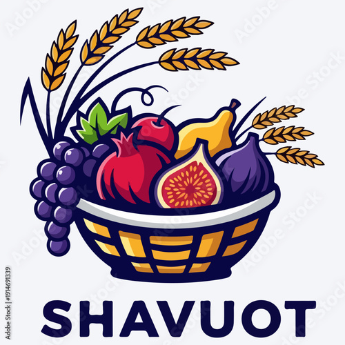 Shavuot Jewish Holiday Illustration with Fruit Basket and Wheat Ears